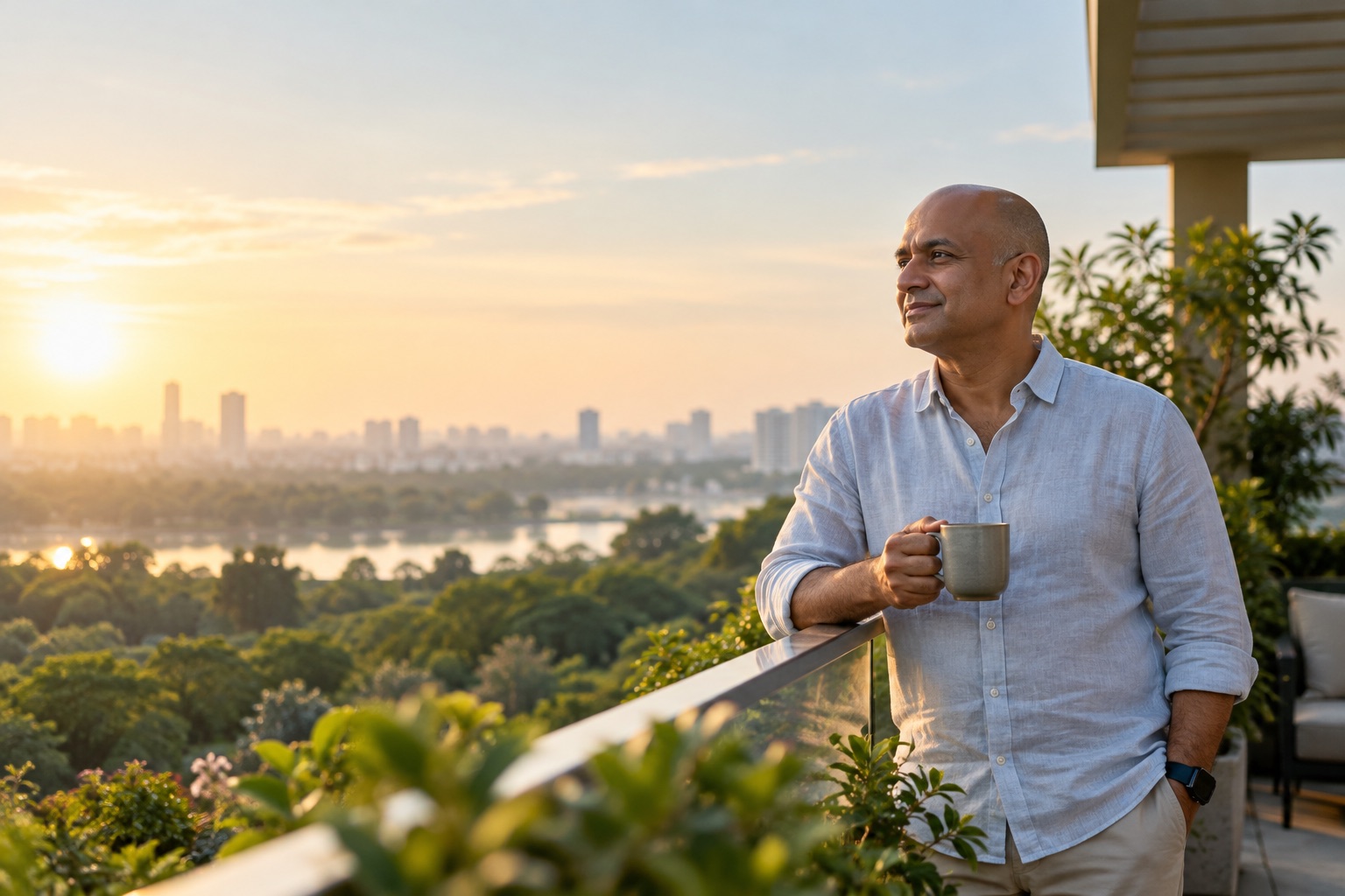A man in his fifties on a balcony at sunrise, holding a cup and looking out over trees, water and a distant city skyline
